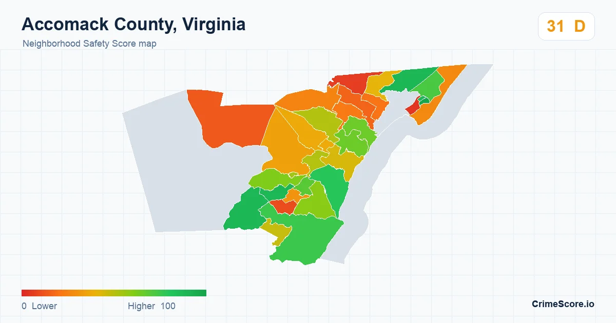 Accomack County, Virginia neighborhood Safety Score map by Census block group