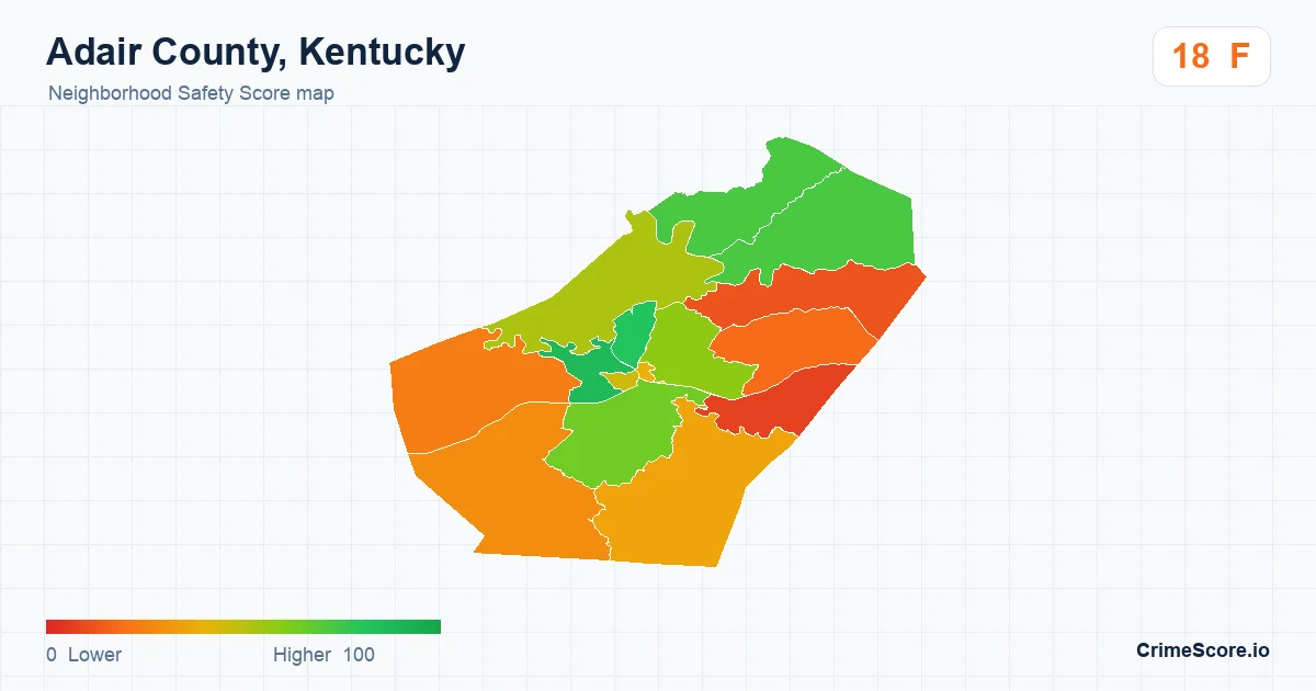 Adair County, Kentucky neighborhood Safety Score map by Census block group
