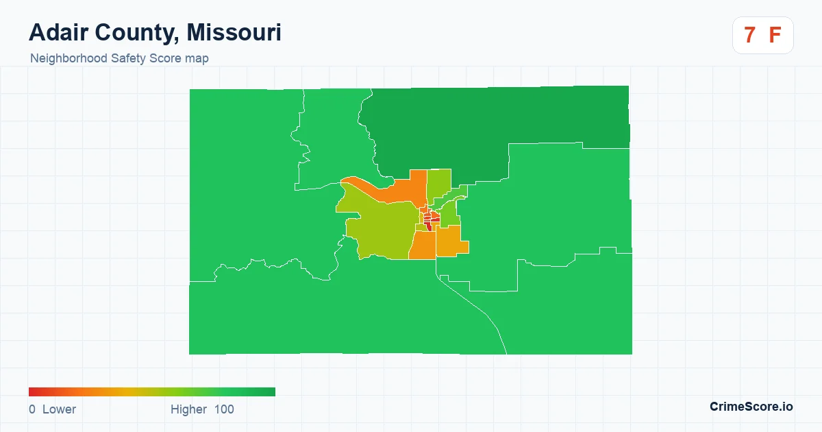 Adair County, Missouri neighborhood Safety Score map by Census block group