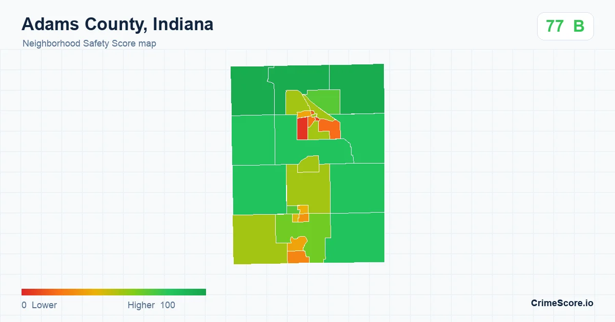 Adams County, Indiana neighborhood Safety Score map by Census block group