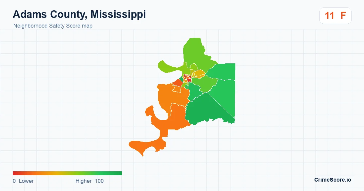 Adams County, Mississippi neighborhood Safety Score map by Census block group