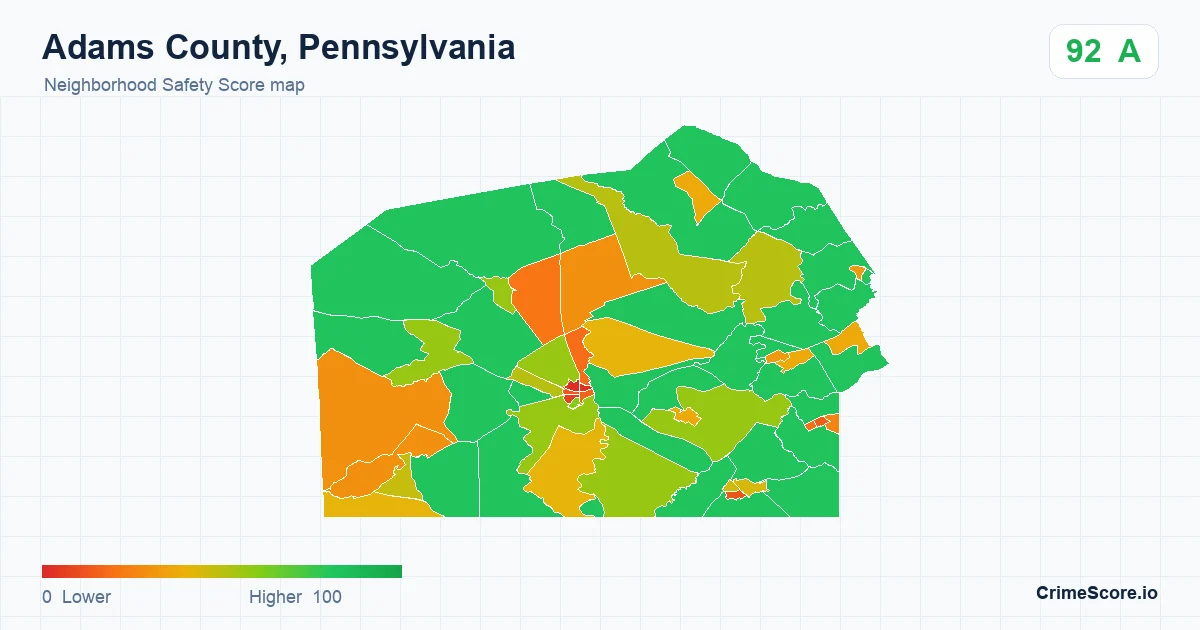 Adams County, Pennsylvania neighborhood Safety Score map by Census block group