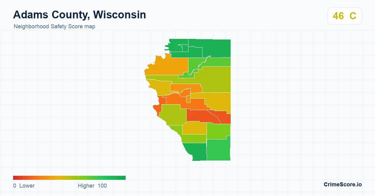 Adams County, Wisconsin neighborhood Safety Score map by Census block group