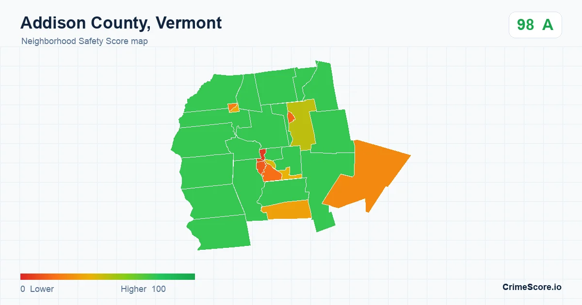 Addison County, Vermont neighborhood Safety Score map by Census block group