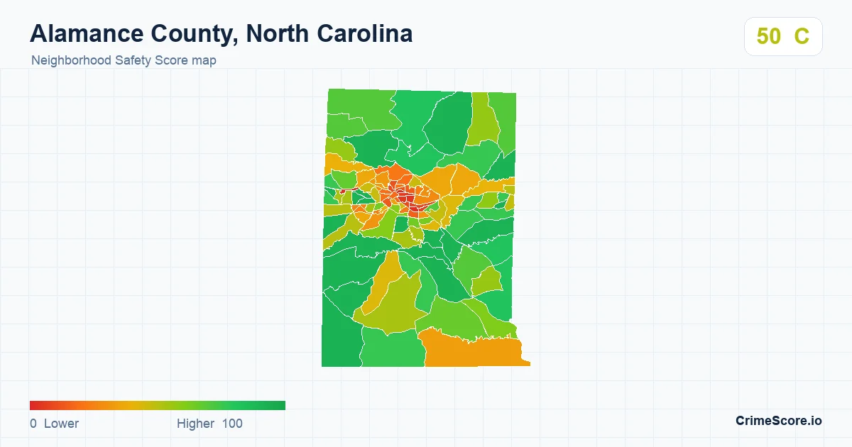 Alamance County, North Carolina neighborhood Safety Score map by Census block group