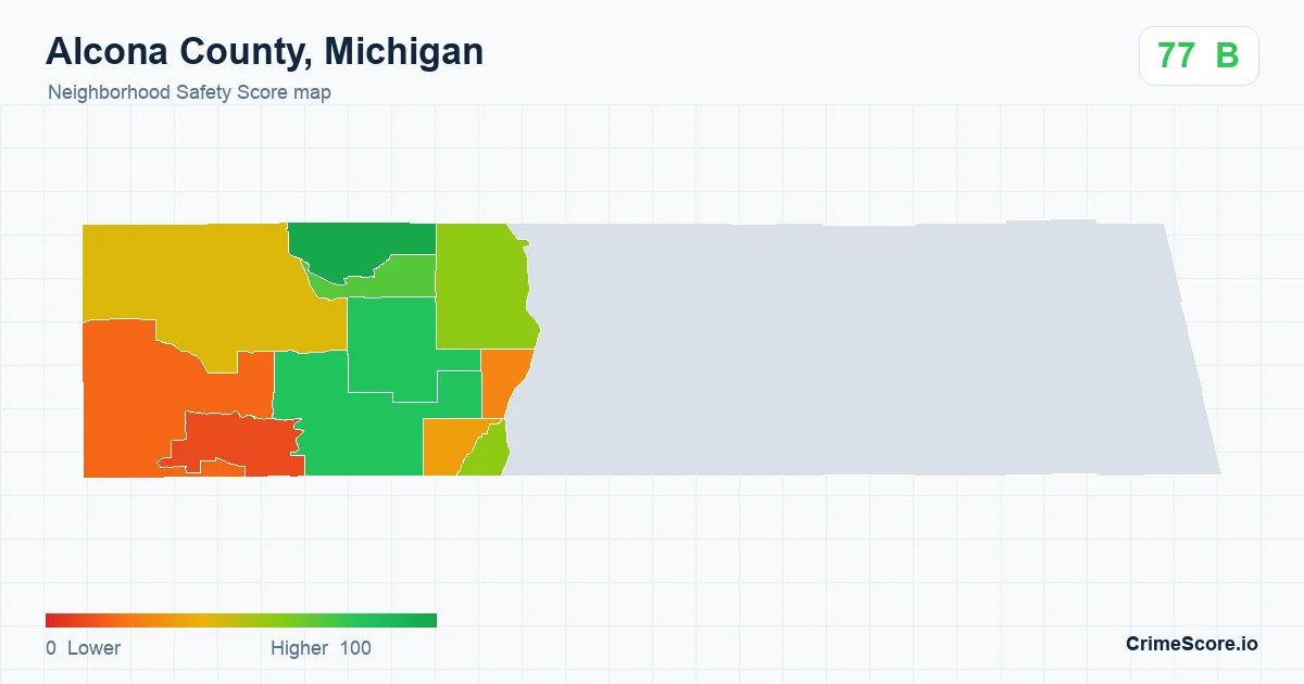 Alcona County, Michigan neighborhood Safety Score map by Census block group