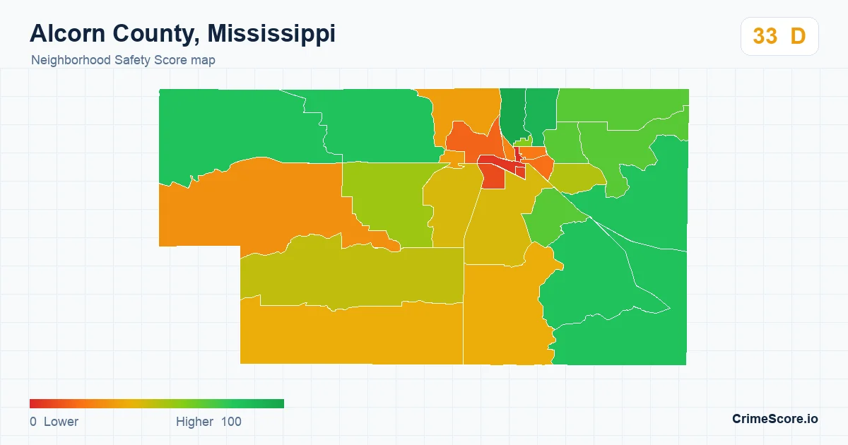 Alcorn County, Mississippi neighborhood Safety Score map by Census block group