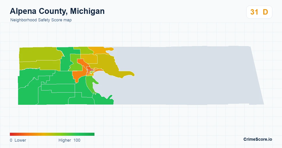 Alpena County, Michigan neighborhood Safety Score map by Census block group