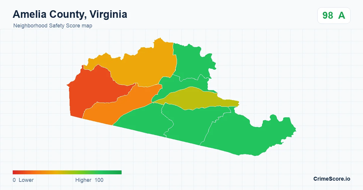 Amelia County, Virginia neighborhood Safety Score map by Census block group
