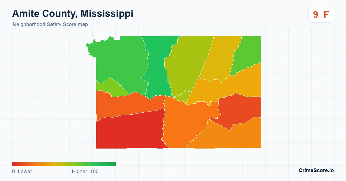 Amite County, Mississippi neighborhood Safety Score map by Census block group