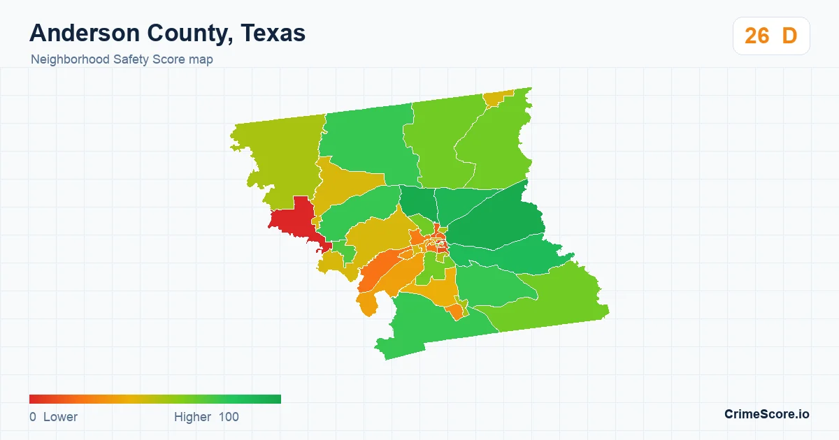 Anderson County, Texas neighborhood Safety Score map by Census block group