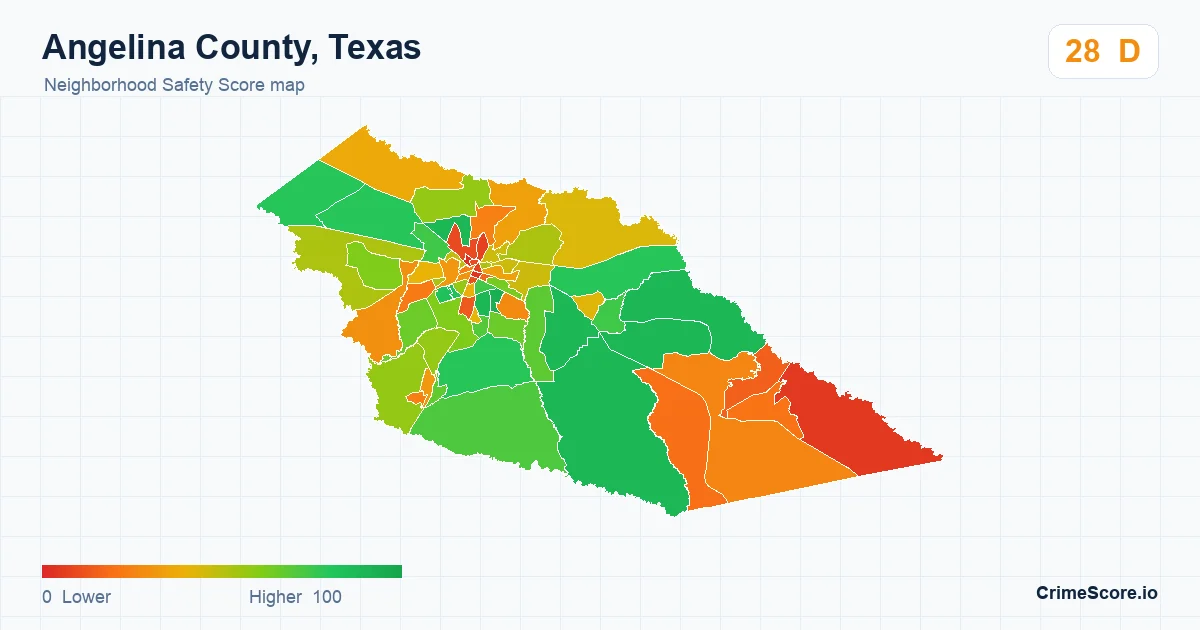 Angelina County, Texas neighborhood Safety Score map by Census block group