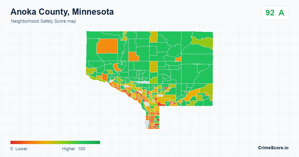 Anoka County, Minnesota neighborhood Safety Score map by Census block group
