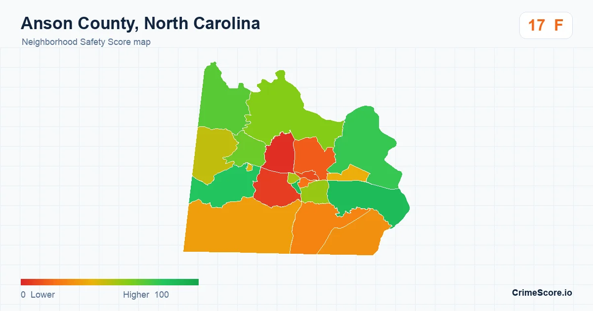 Anson County, North Carolina neighborhood Safety Score map by Census block group