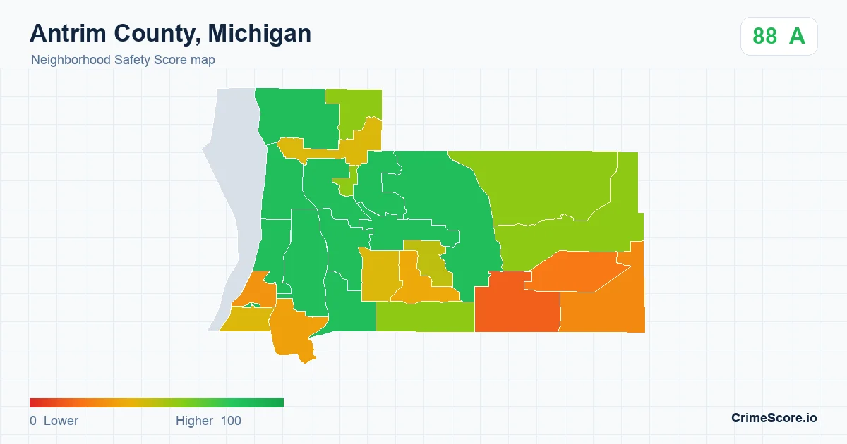 Antrim County, Michigan neighborhood Safety Score map by Census block group