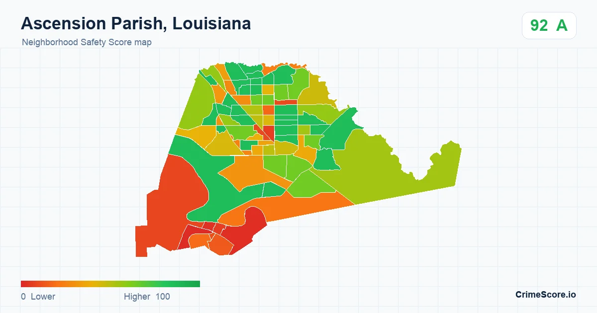 Ascension Parish, Louisiana neighborhood Safety Score map by Census block group