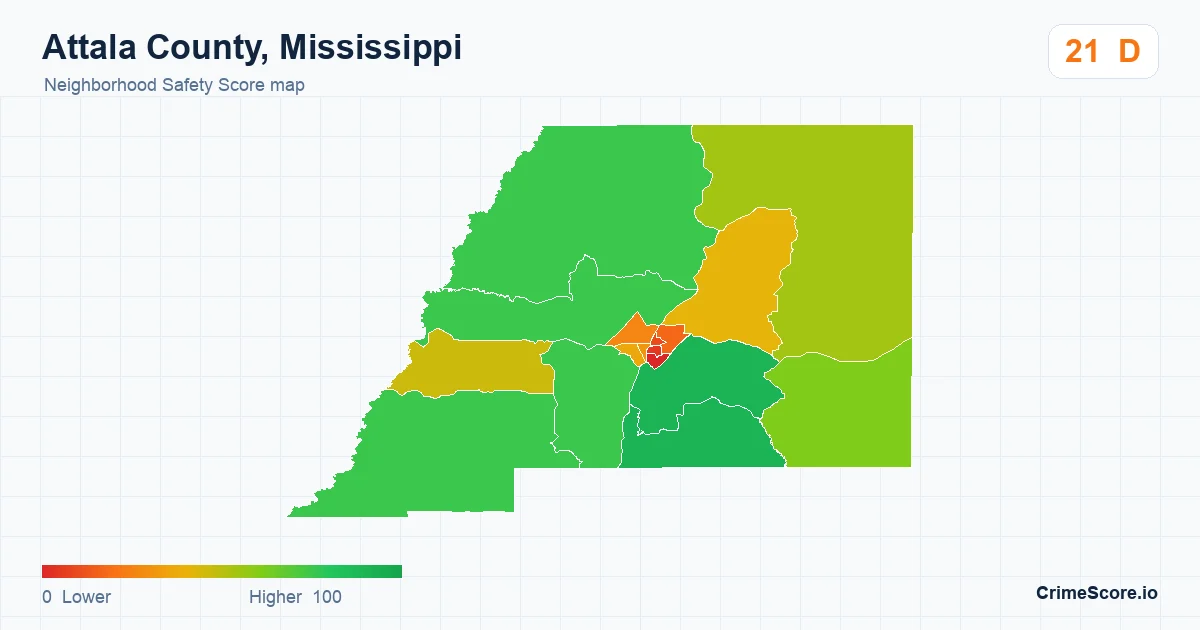 Attala County, Mississippi neighborhood Safety Score map by Census block group