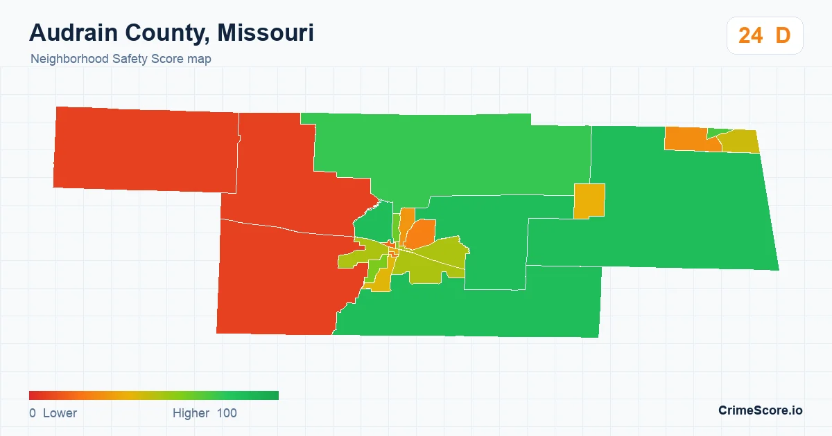 Audrain County, Missouri neighborhood Safety Score map by Census block group