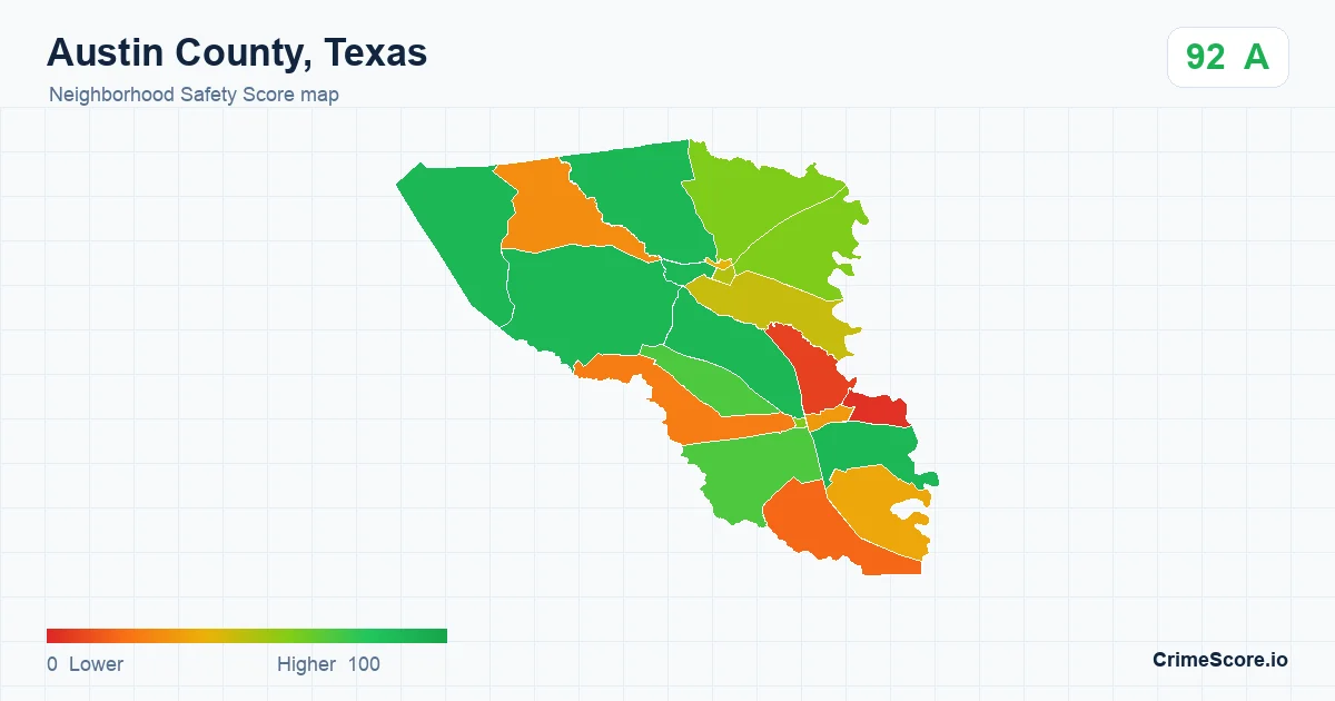 Austin County, Texas neighborhood Safety Score map by Census block group
