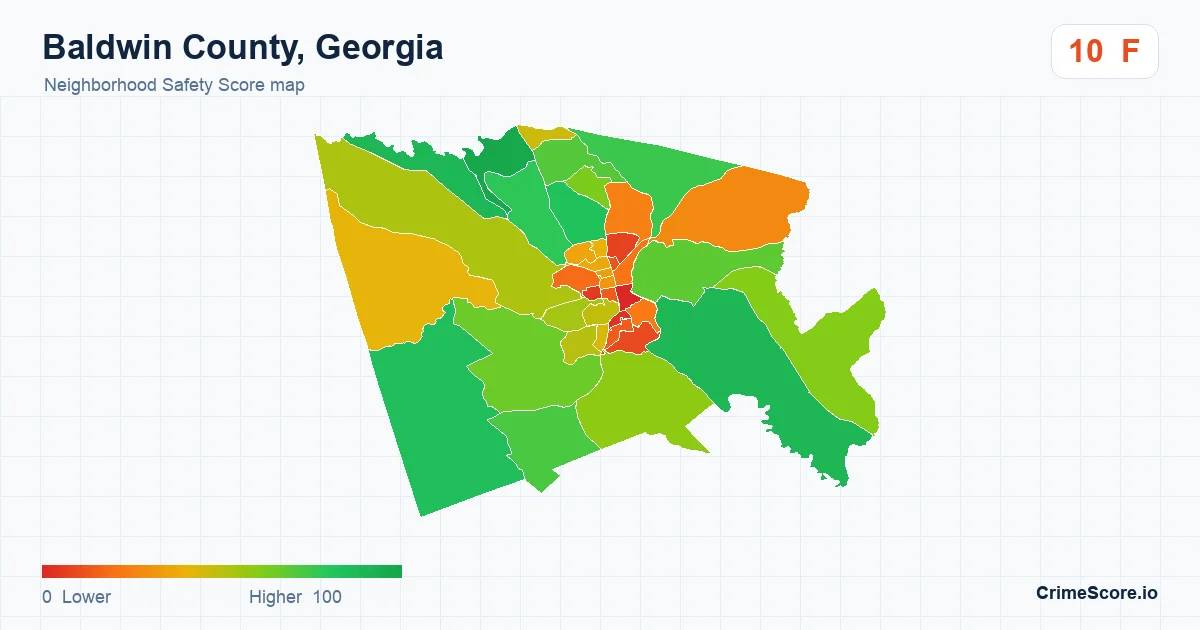 Baldwin County, Georgia neighborhood Safety Score map by Census block group