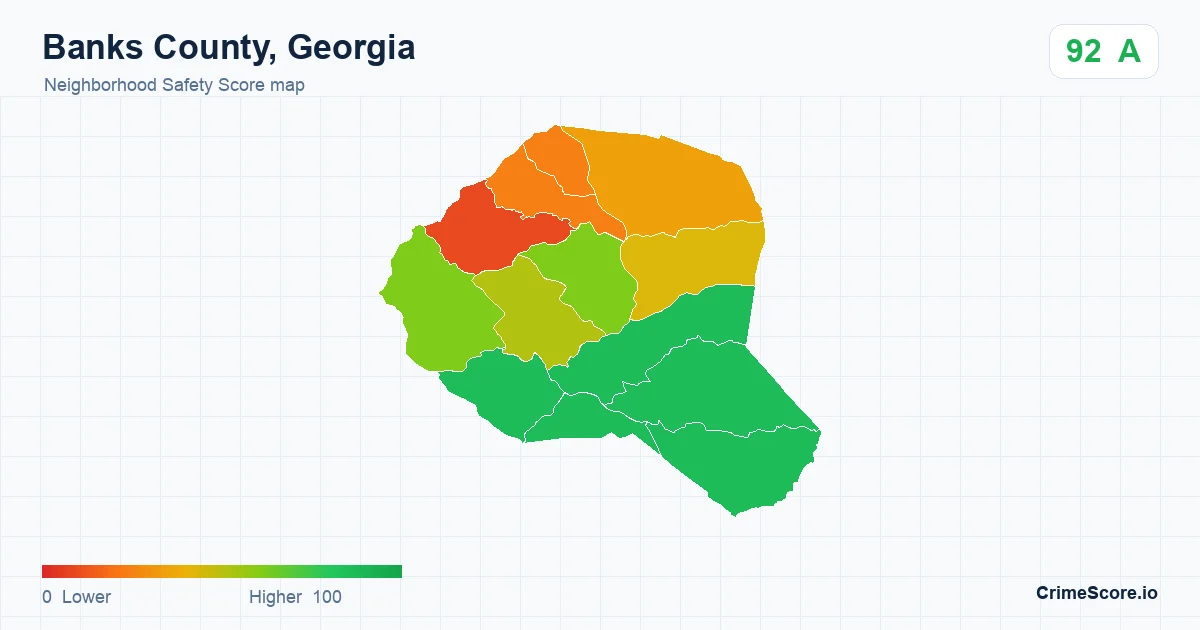 Banks County, Georgia neighborhood Safety Score map by Census block group