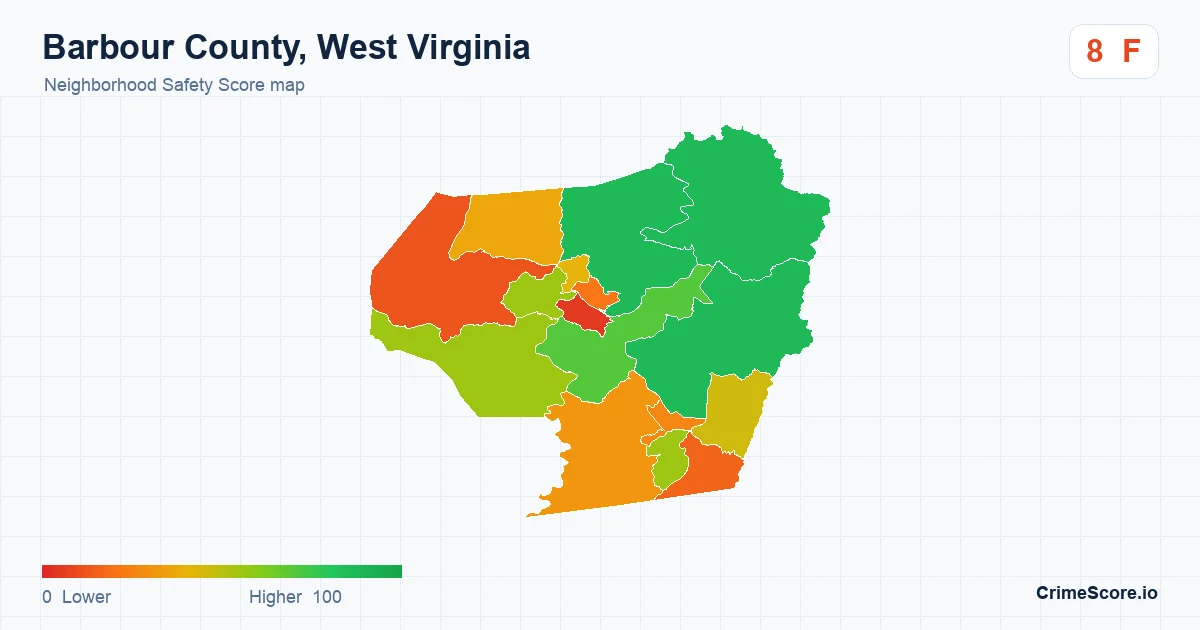 Barbour County, West Virginia neighborhood Safety Score map by Census block group