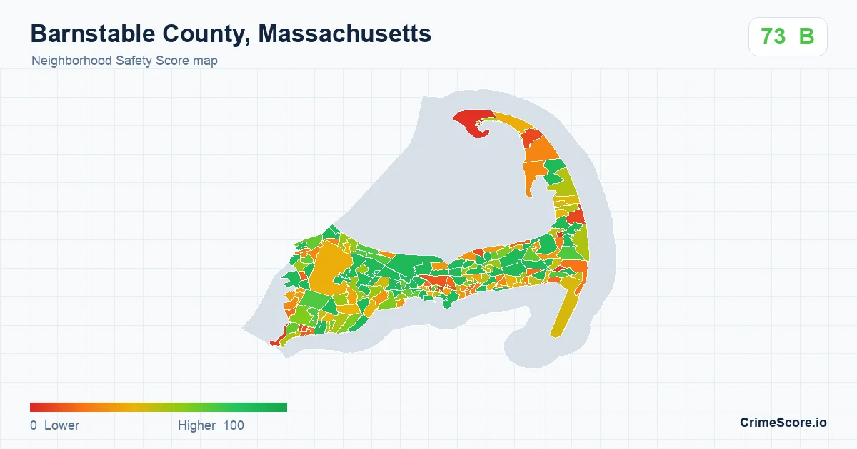 Barnstable County, Massachusetts neighborhood Safety Score map by Census block group
