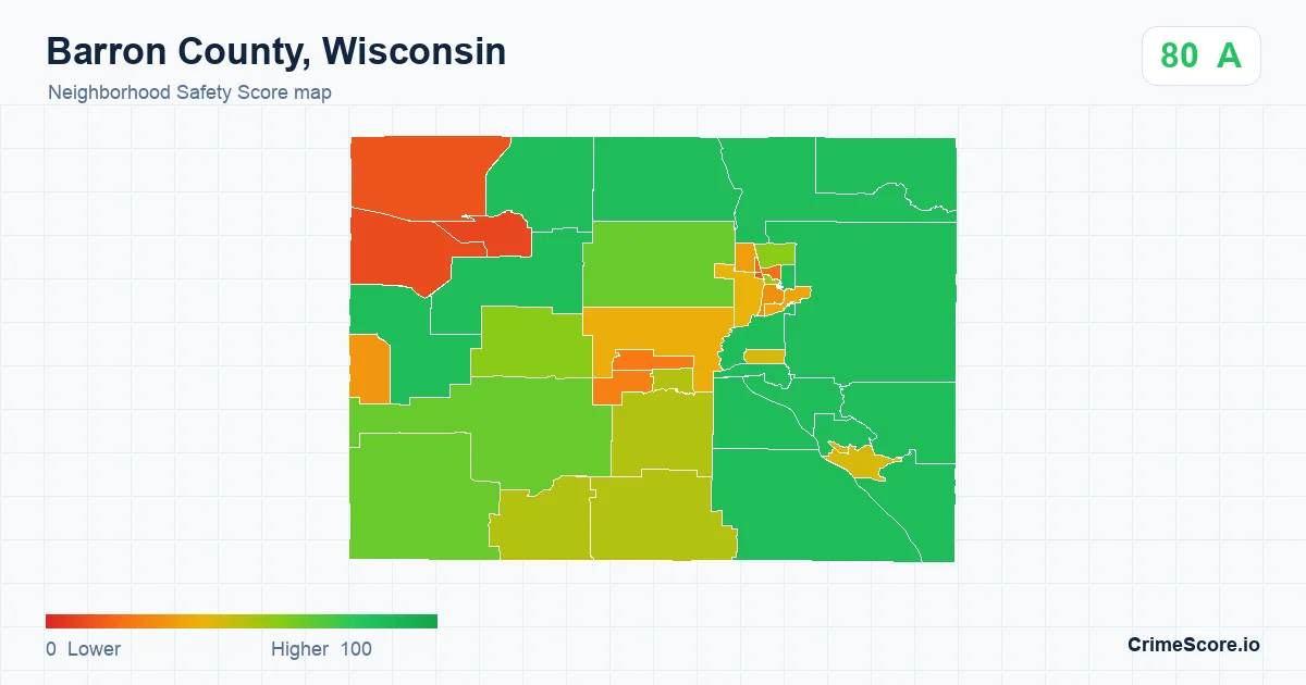 Barron County, Wisconsin neighborhood Safety Score map by Census block group