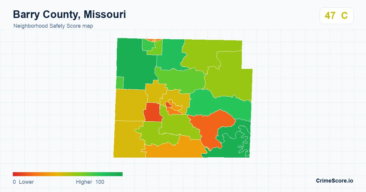 Barry County, Missouri neighborhood Safety Score map by Census block group