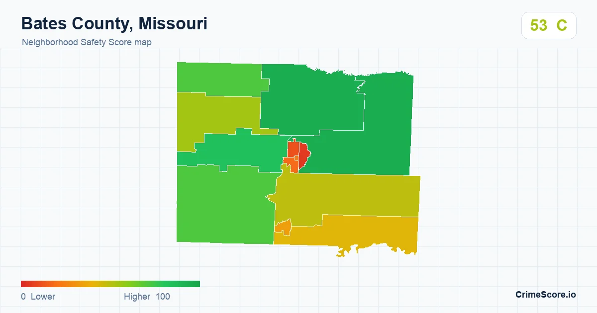 Bates County, Missouri neighborhood Safety Score map by Census block group