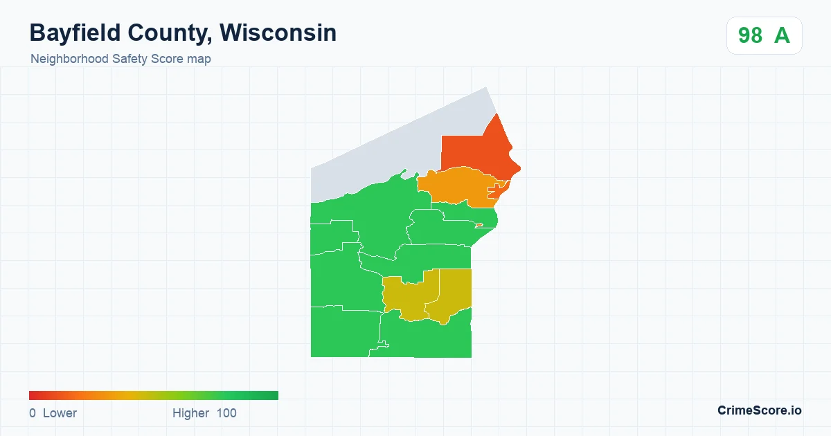 Bayfield County, Wisconsin neighborhood Safety Score map by Census block group