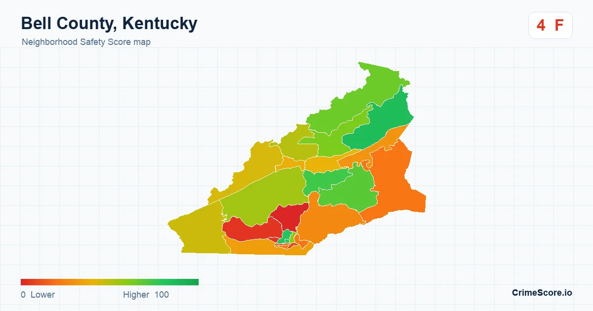 Bell County, Kentucky neighborhood Safety Score map by Census block group