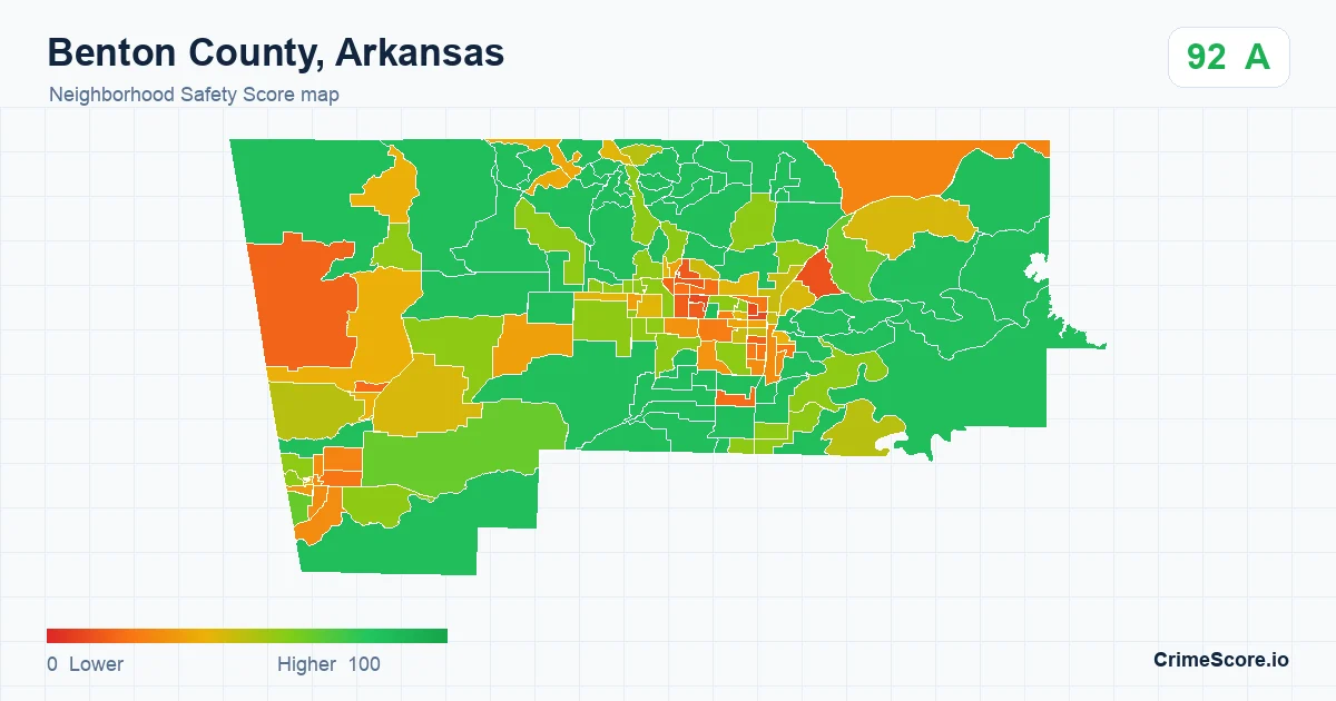 Benton County, Arkansas neighborhood Safety Score map by Census block group