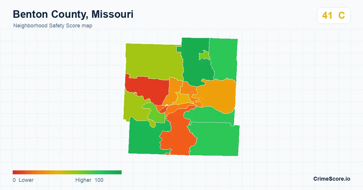 Benton County, Missouri neighborhood Safety Score map by Census block group