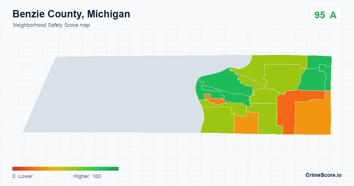 Benzie County, Michigan neighborhood Safety Score map by Census block group