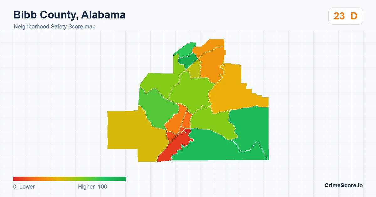 Bibb County, Alabama neighborhood Safety Score map by Census block group