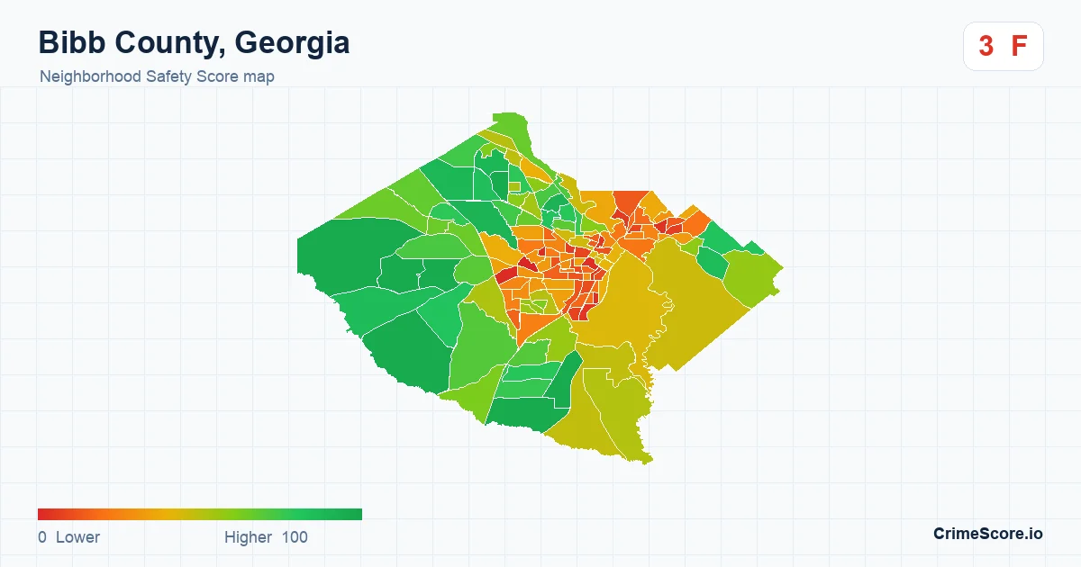 Bibb County, Georgia neighborhood Safety Score map by Census block group