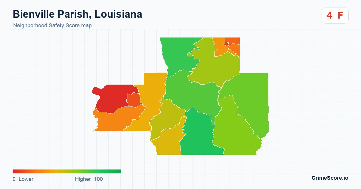 Bienville Parish, Louisiana neighborhood Safety Score map by Census block group