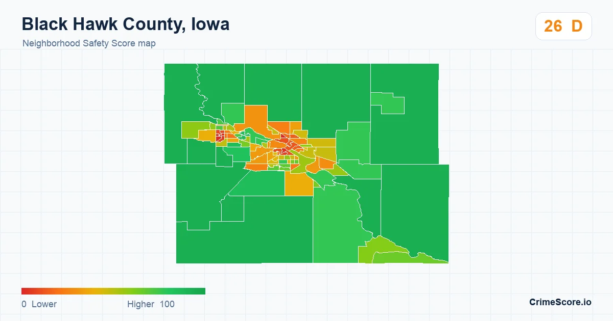 Black Hawk County, Iowa neighborhood Safety Score map by Census block group