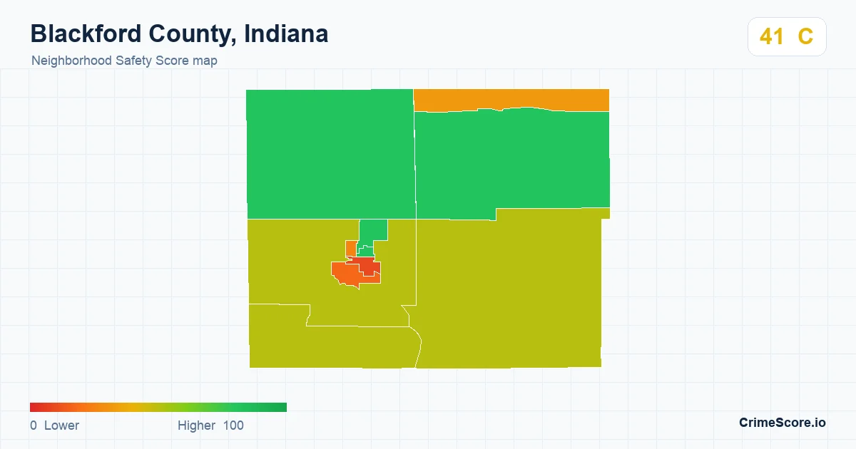 Blackford County, Indiana neighborhood Safety Score map by Census block group
