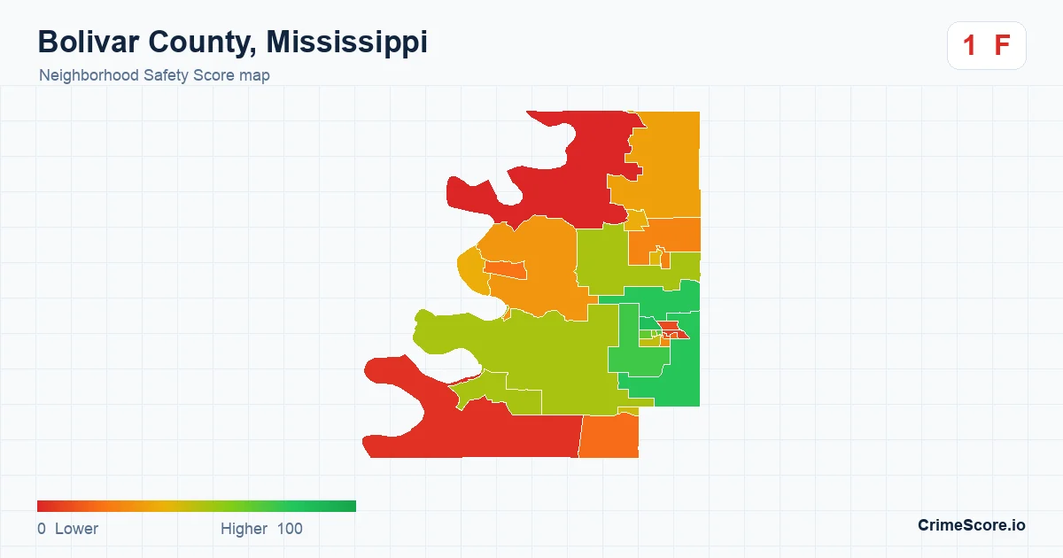 Bolivar County, Mississippi neighborhood Safety Score map by Census block group