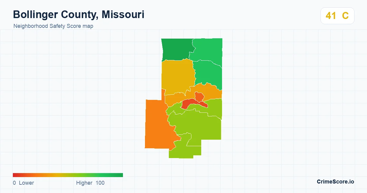 Bollinger County, Missouri neighborhood Safety Score map by Census block group