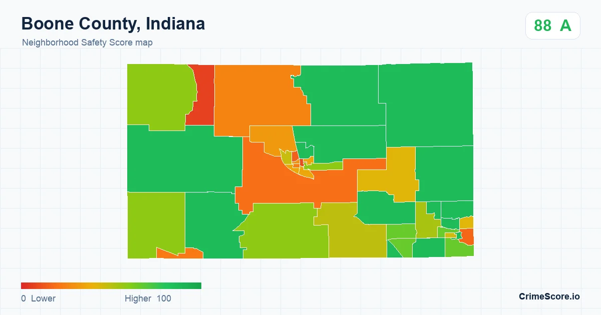 Boone County, Indiana neighborhood Safety Score map by Census block group