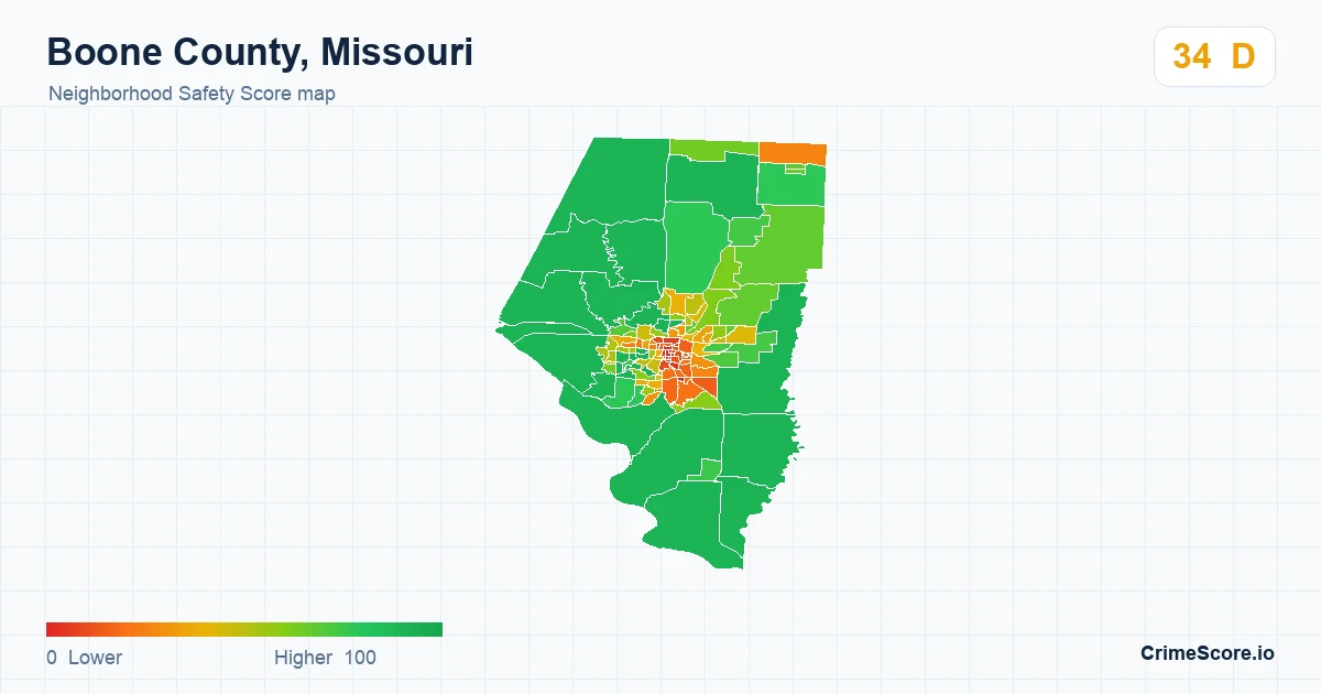 Boone County, Missouri neighborhood Safety Score map by Census block group