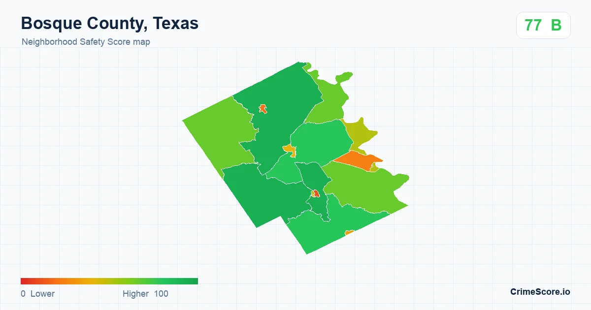 Bosque County, Texas neighborhood Safety Score map by Census block group