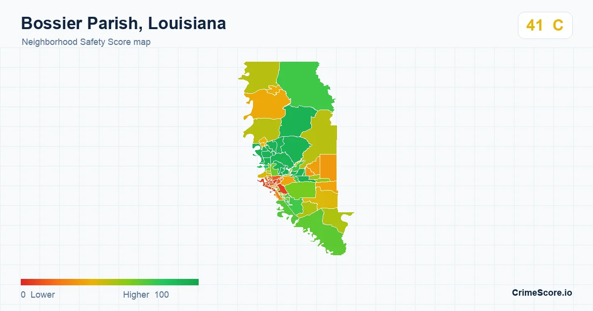 Bossier Parish, Louisiana neighborhood Safety Score map by Census block group