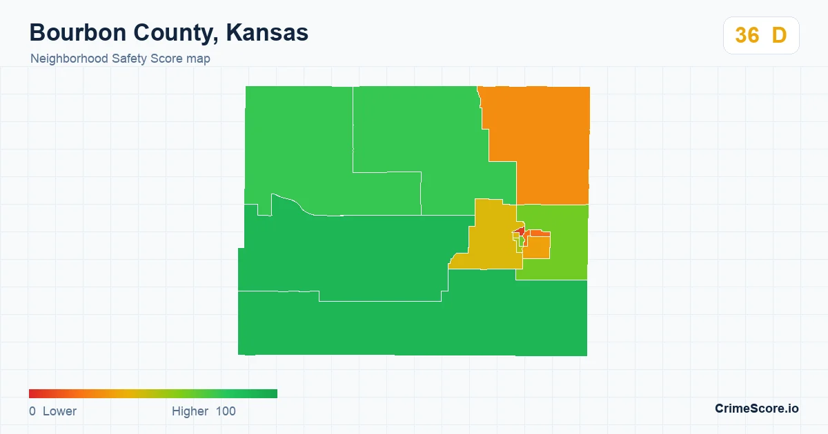 Bourbon County, Kansas neighborhood Safety Score map by Census block group