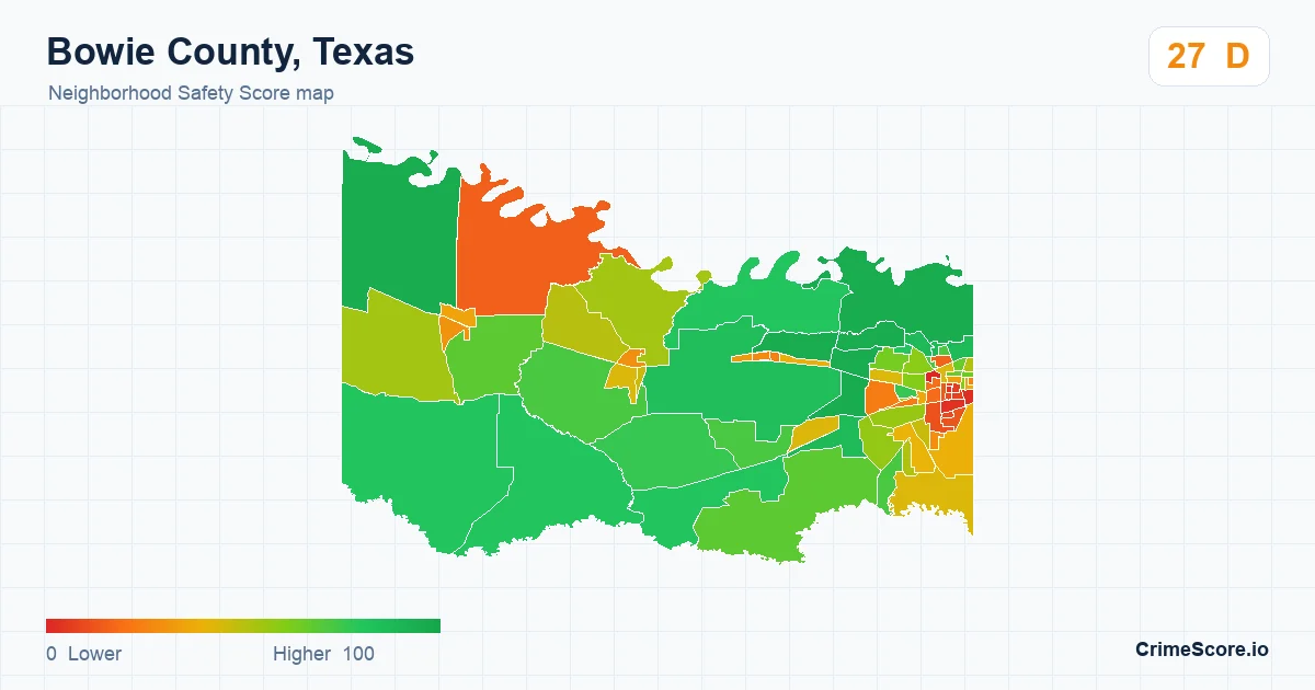 Bowie County, Texas neighborhood Safety Score map by Census block group
