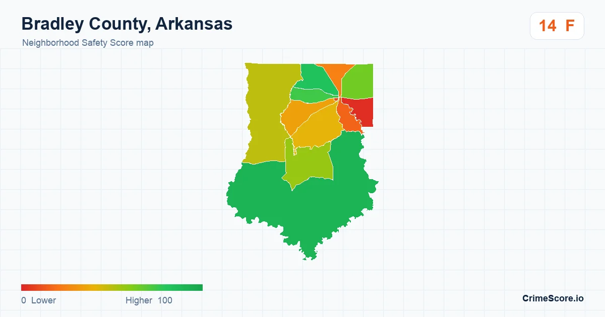 Bradley County, Arkansas neighborhood Safety Score map by Census block group