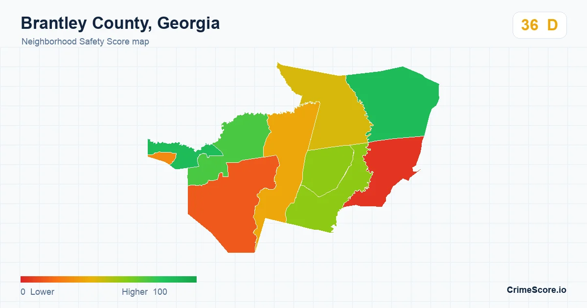 Brantley County, Georgia neighborhood Safety Score map by Census block group